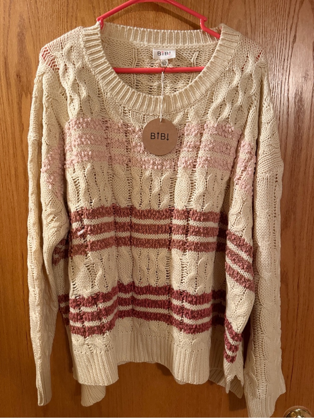 BiBi Cream Cable Knit Sweater with Pink and Rust Stripes